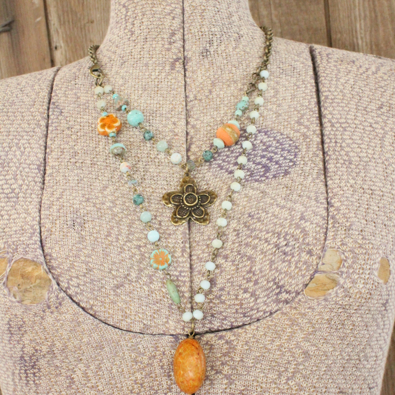 Flower & Stone Drop Layered Bead & Czech Necklace