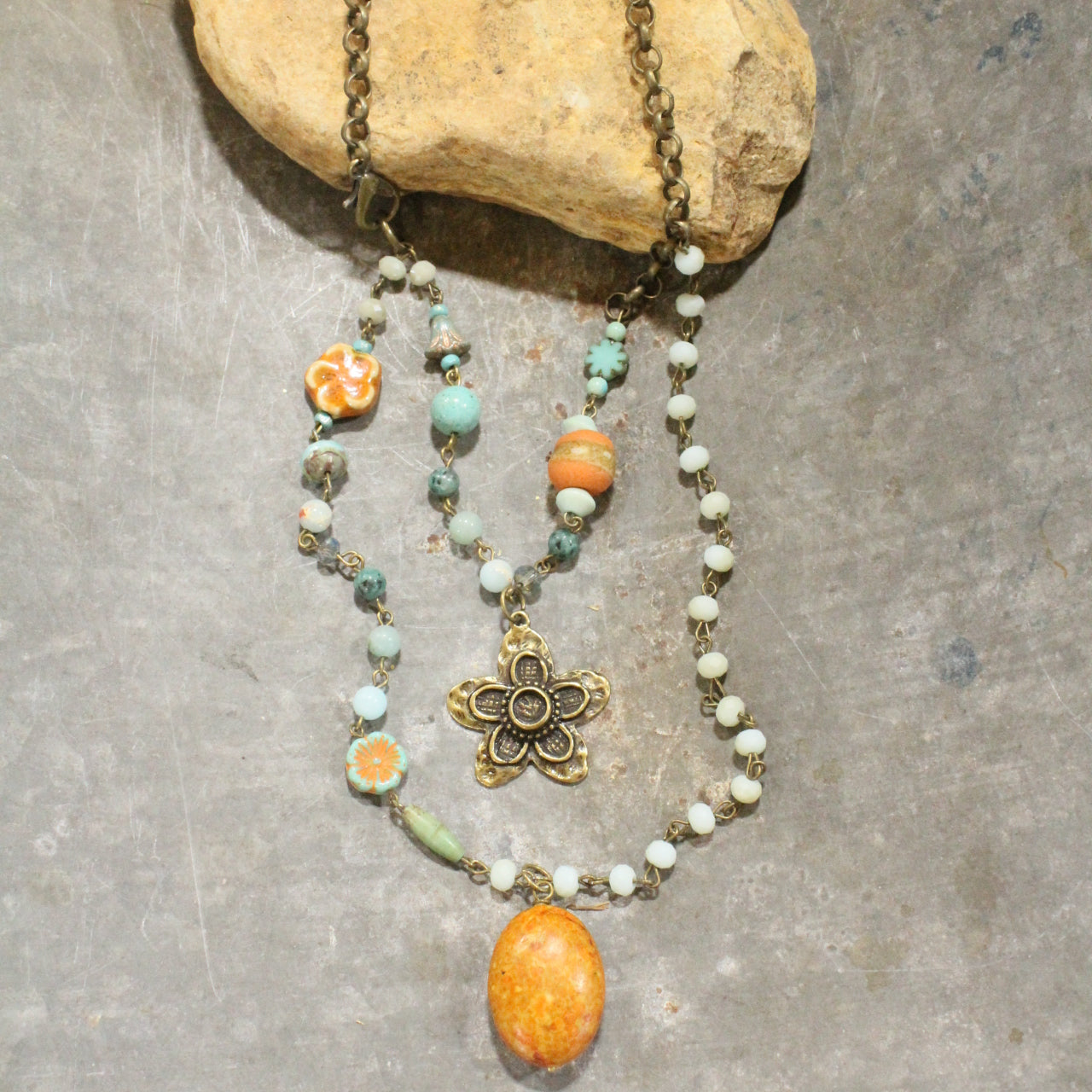 Flower & Stone Drop Layered Bead & Czech Necklace