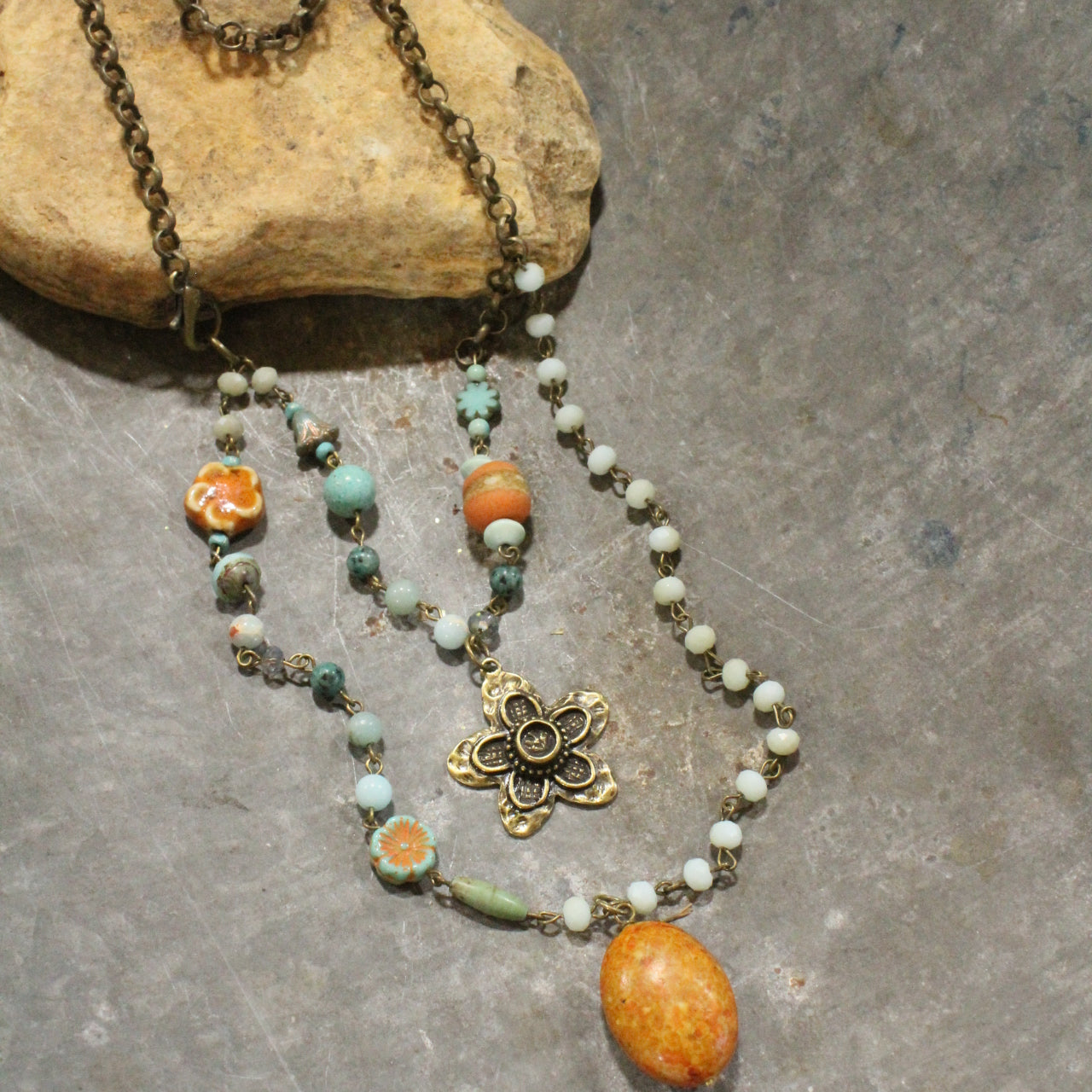 Flower & Stone Drop Layered Bead & Czech Necklace