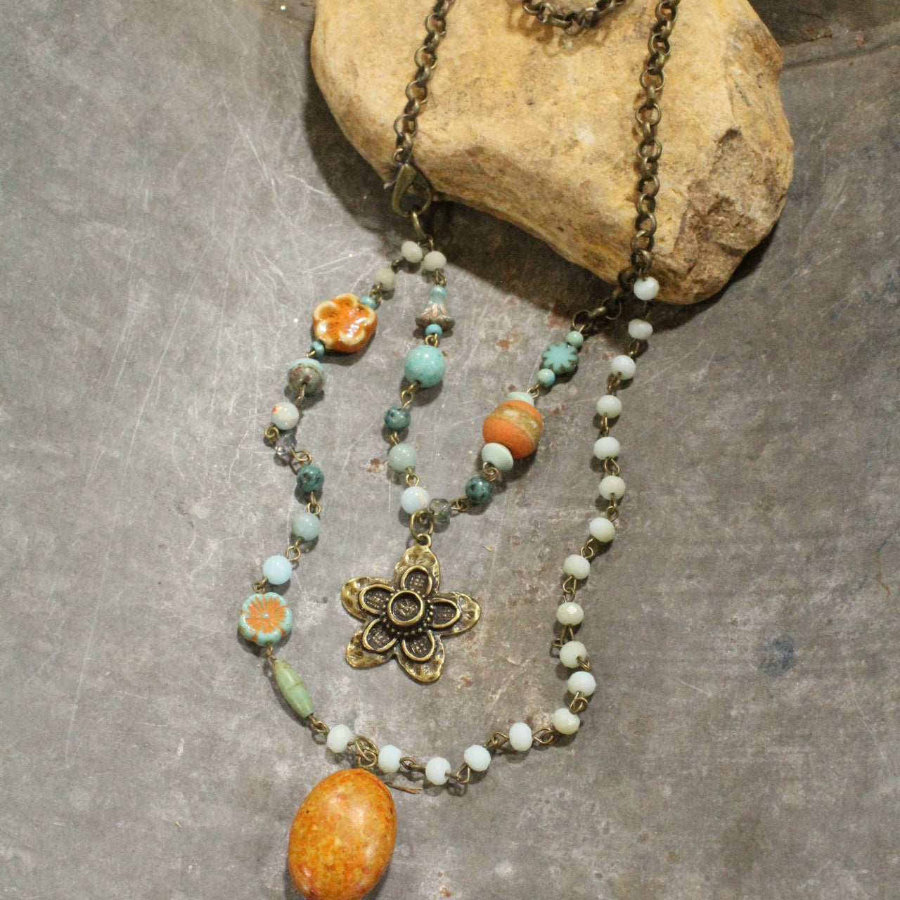 Flower & Stone Drop Layered Bead & Czech Necklace