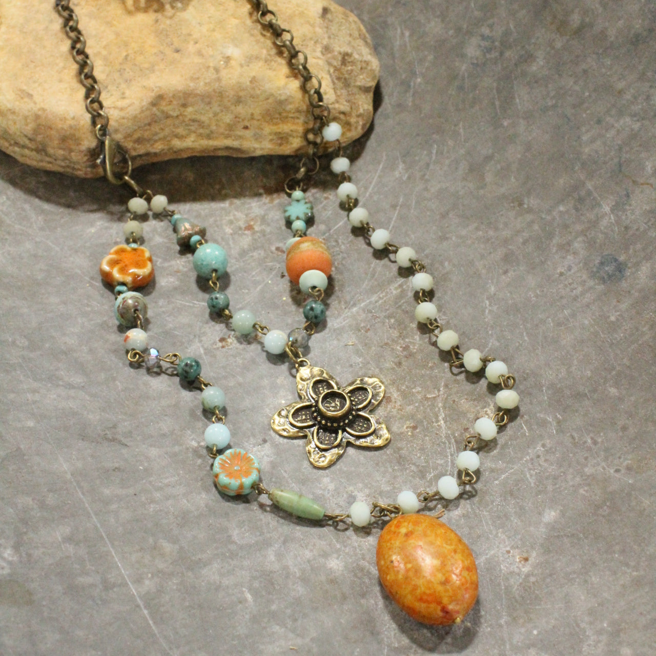 Flower & Stone Drop Layered Bead & Czech Necklace