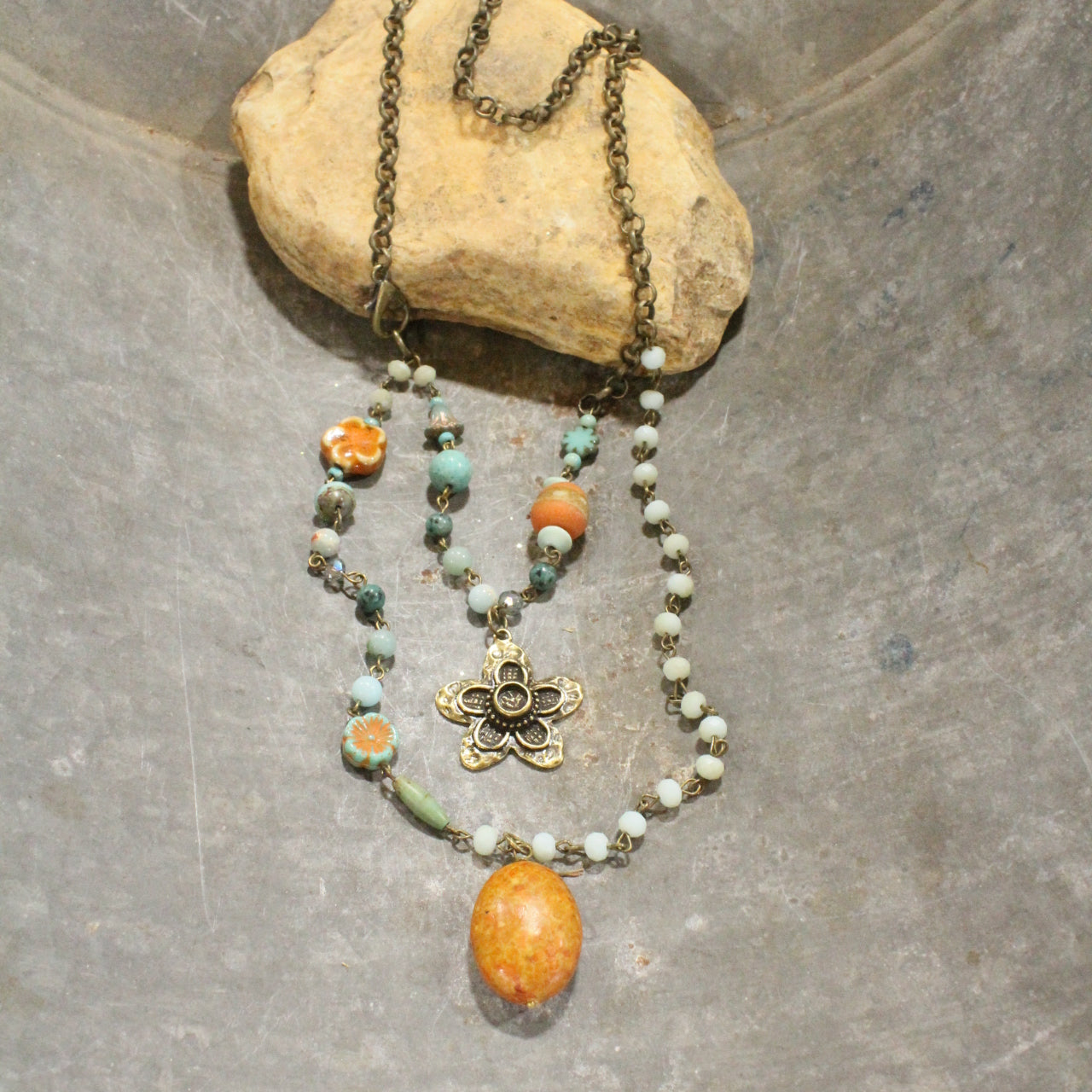 Flower & Stone Drop Layered Bead & Czech Necklace