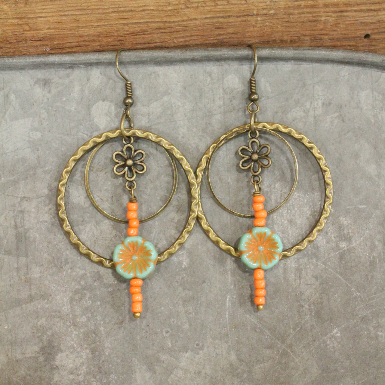 Flower Dangle Bead & Czech Hoop Earrings