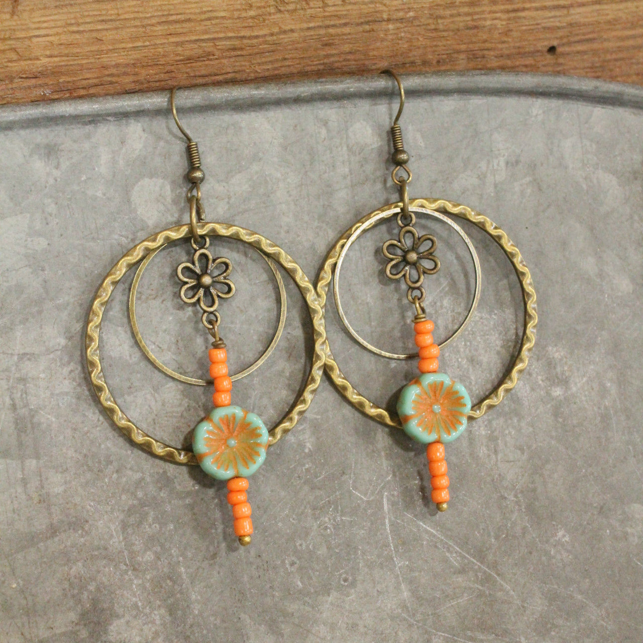 Flower Dangle Bead & Czech Hoop Earrings