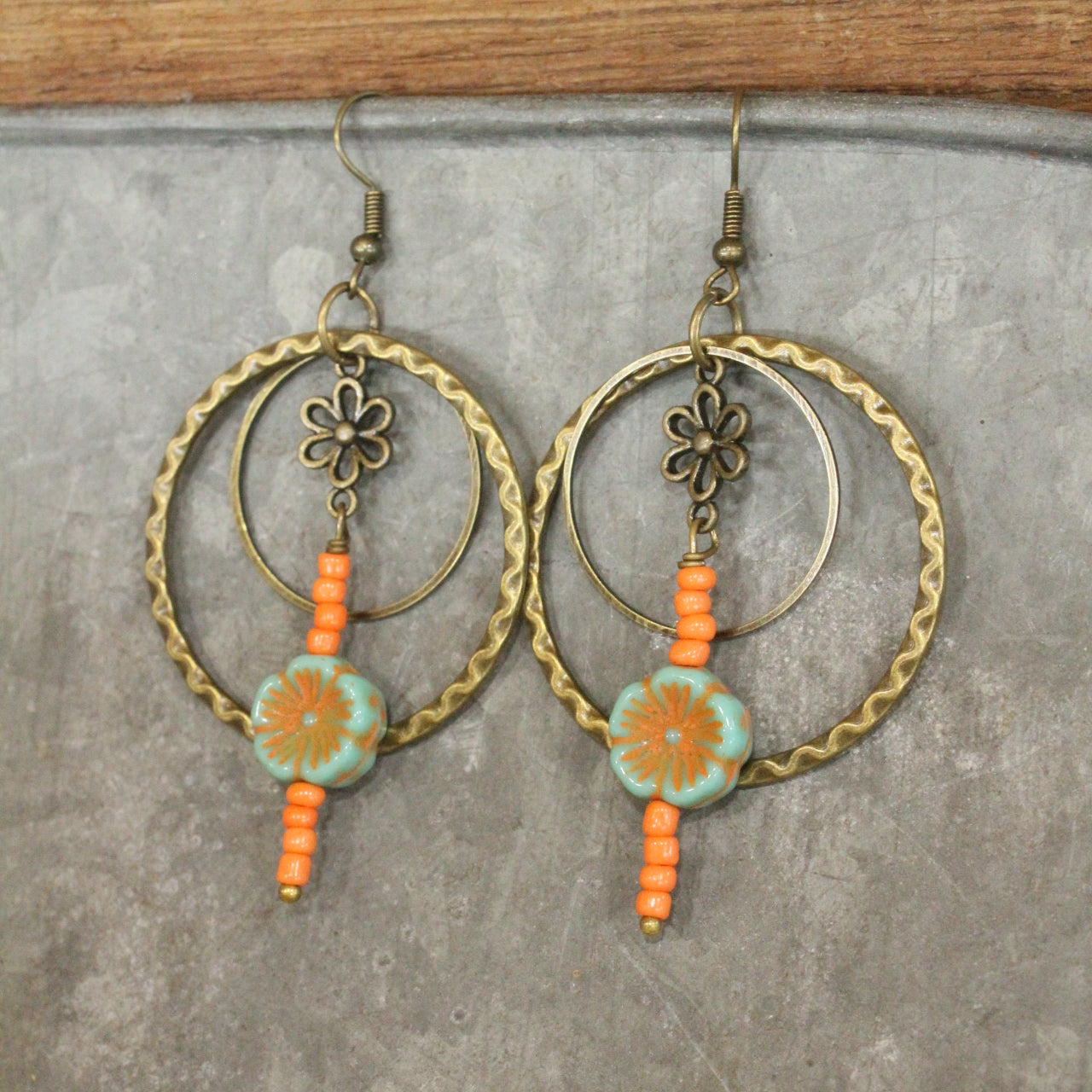 Flower Dangle Bead & Czech Hoop Earrings