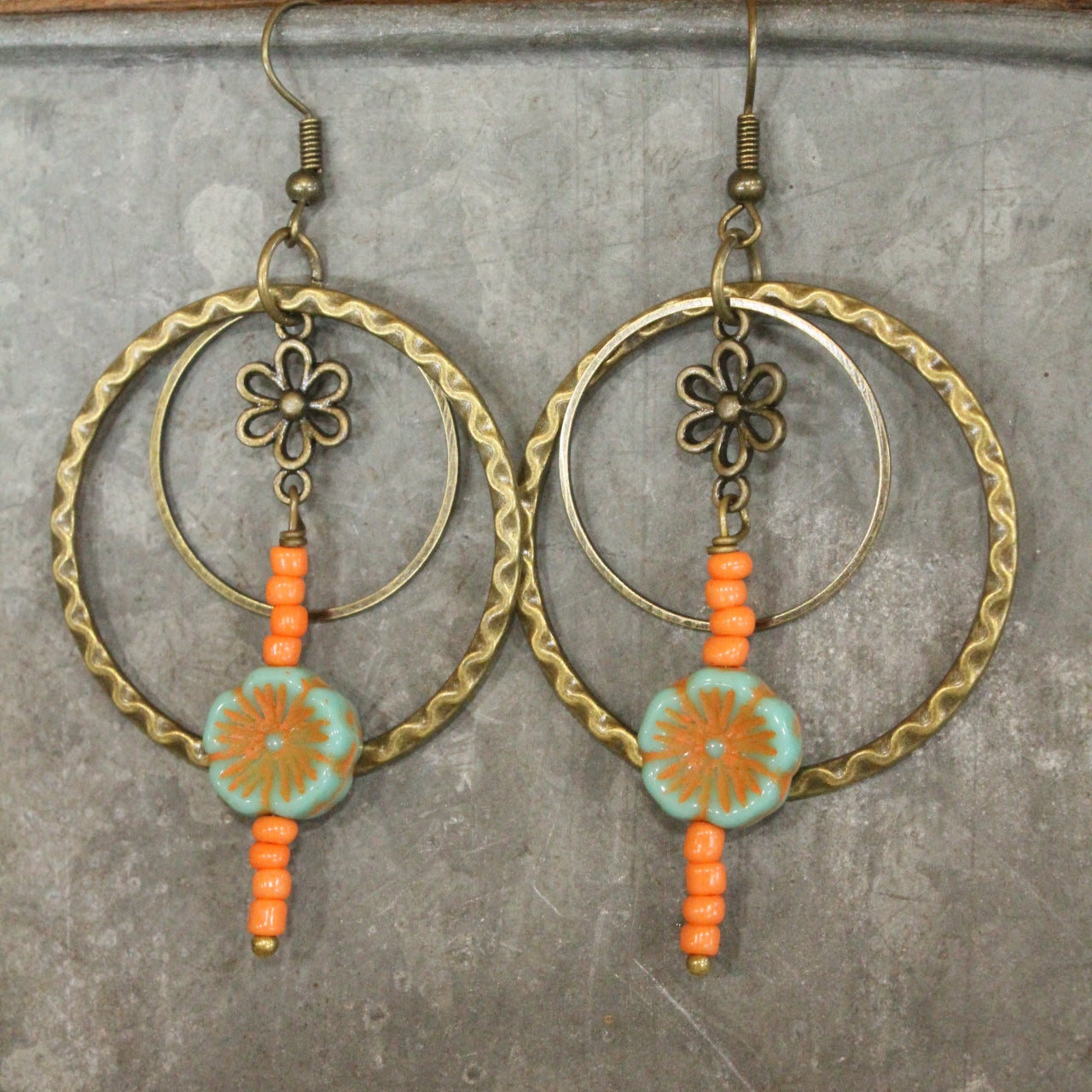 Flower Dangle Bead & Czech Hoop Earrings