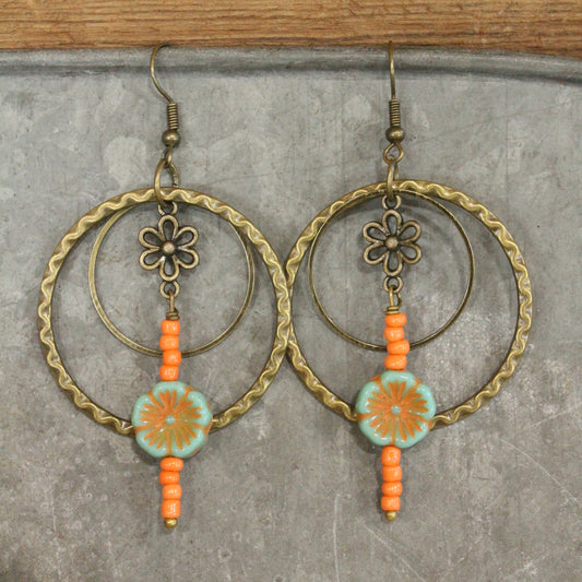 Flower Dangle Bead & Czech Hoop Earrings