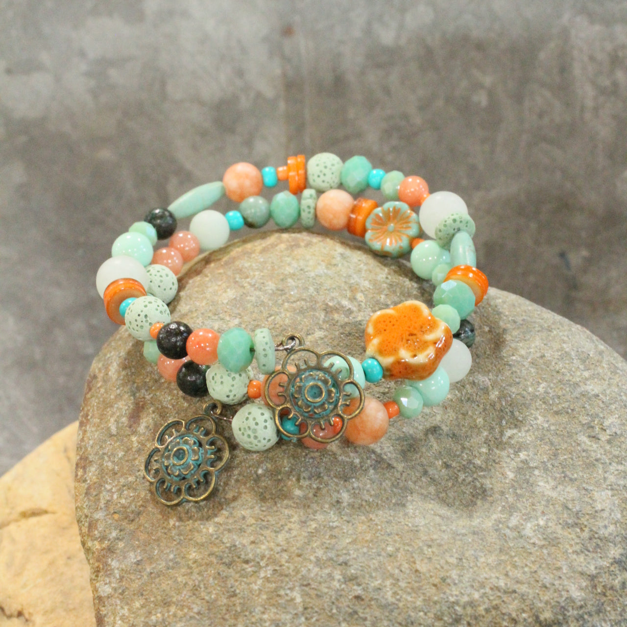 Flower Dangle Bead & Czech Wrap Bracelet