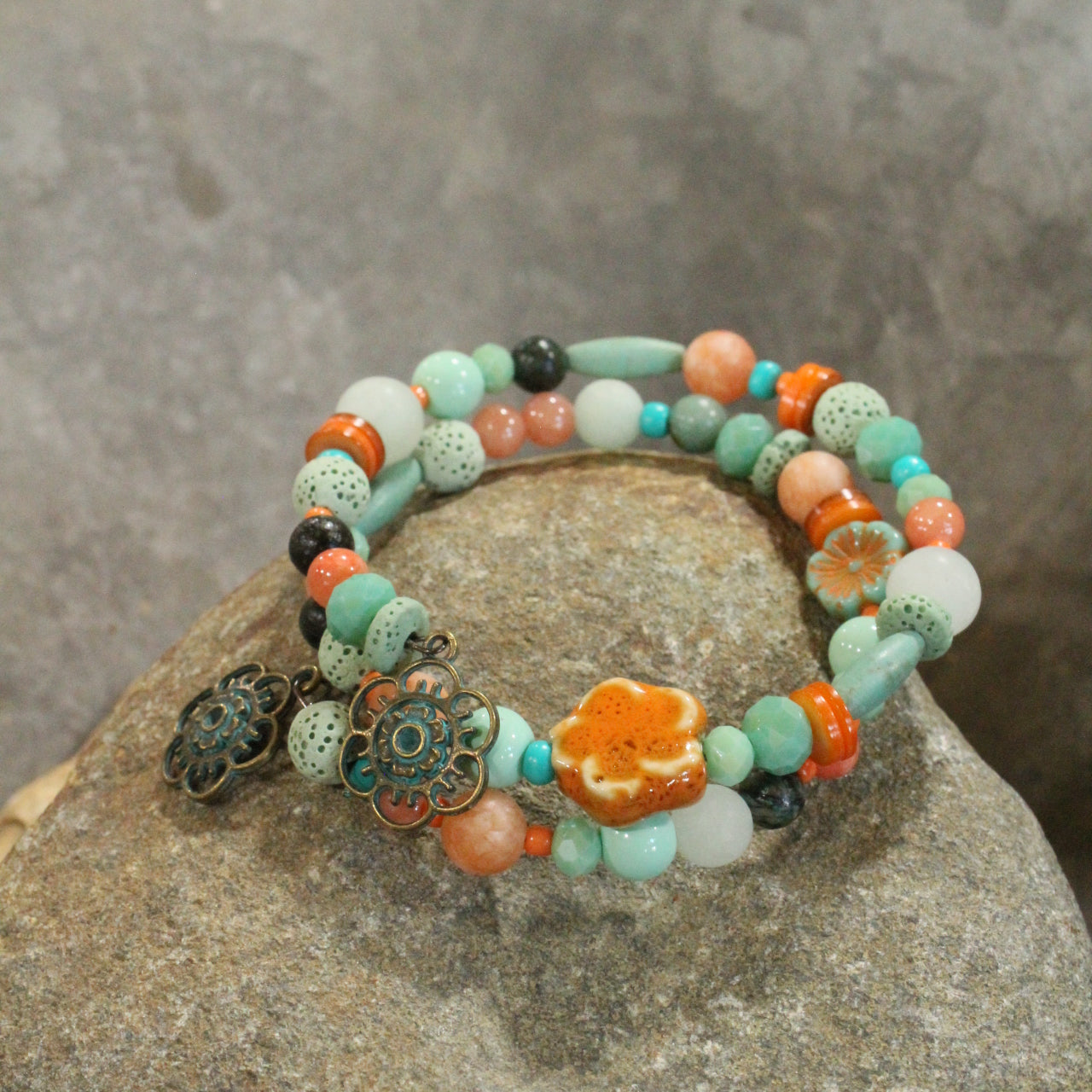 Flower Dangle Bead & Czech Wrap Bracelet