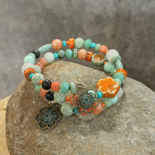 Flower Dangle Bead & Czech Wrap Bracelet