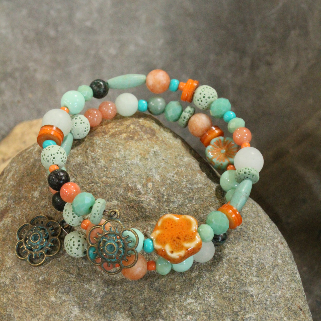 Flower Dangle Bead & Czech Wrap Bracelet