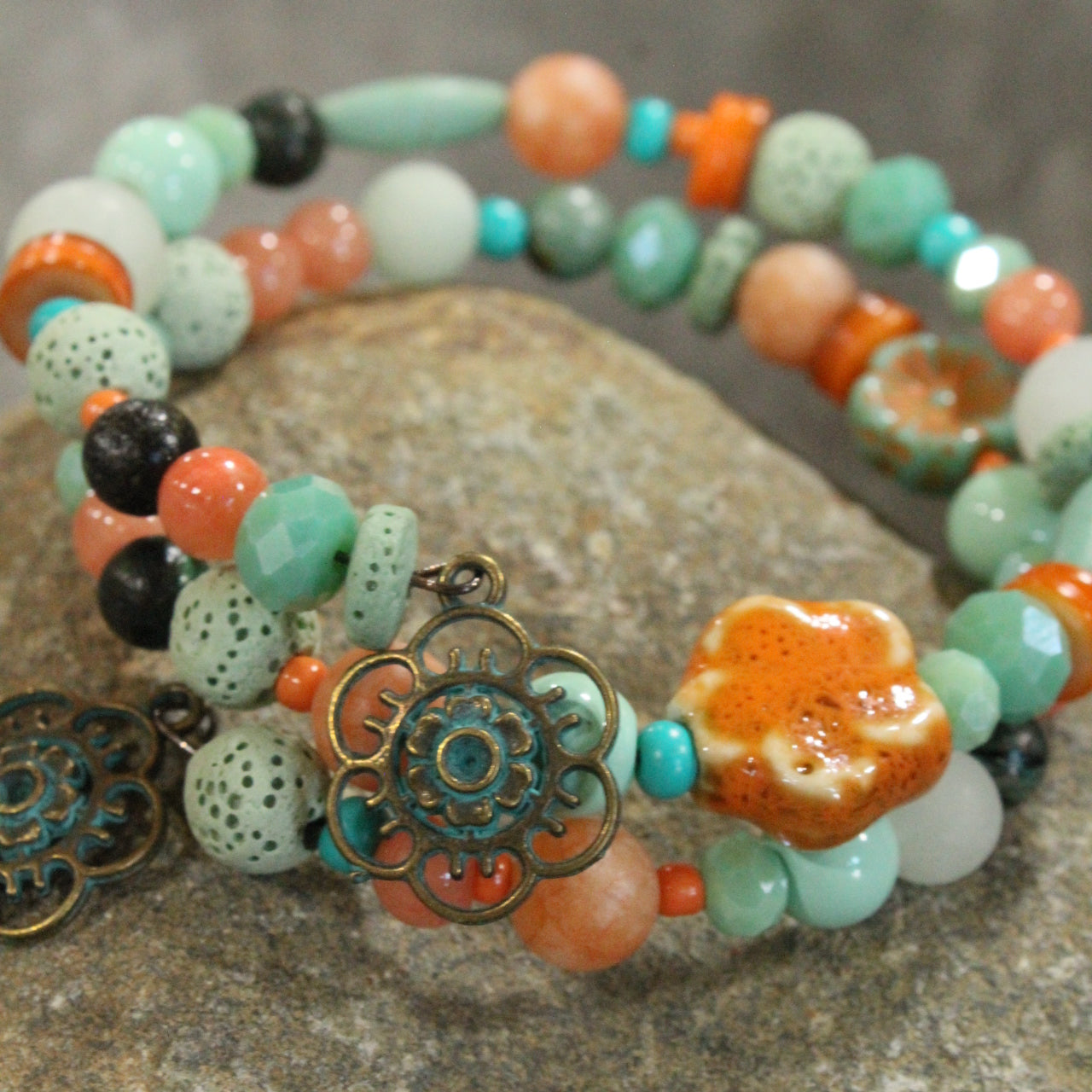 Flower Dangle Bead & Czech Wrap Bracelet