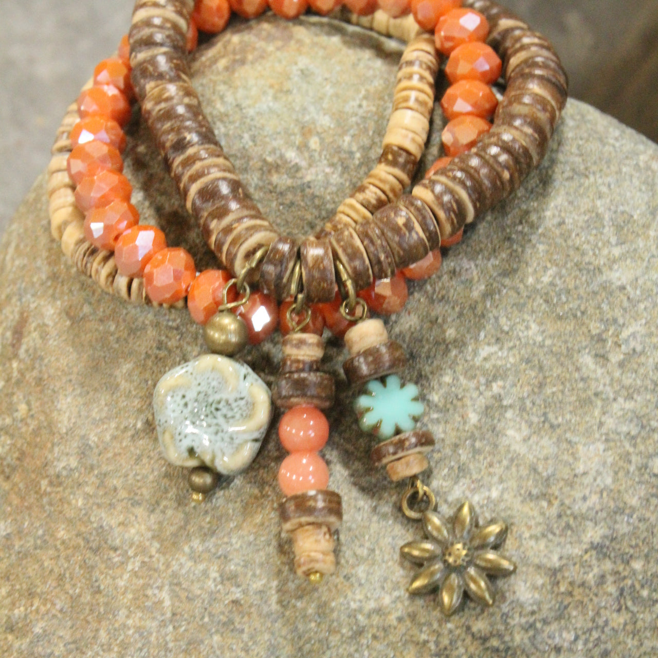 Flower & Stone Drop Layered Bead & Czech Stretch Bracelets