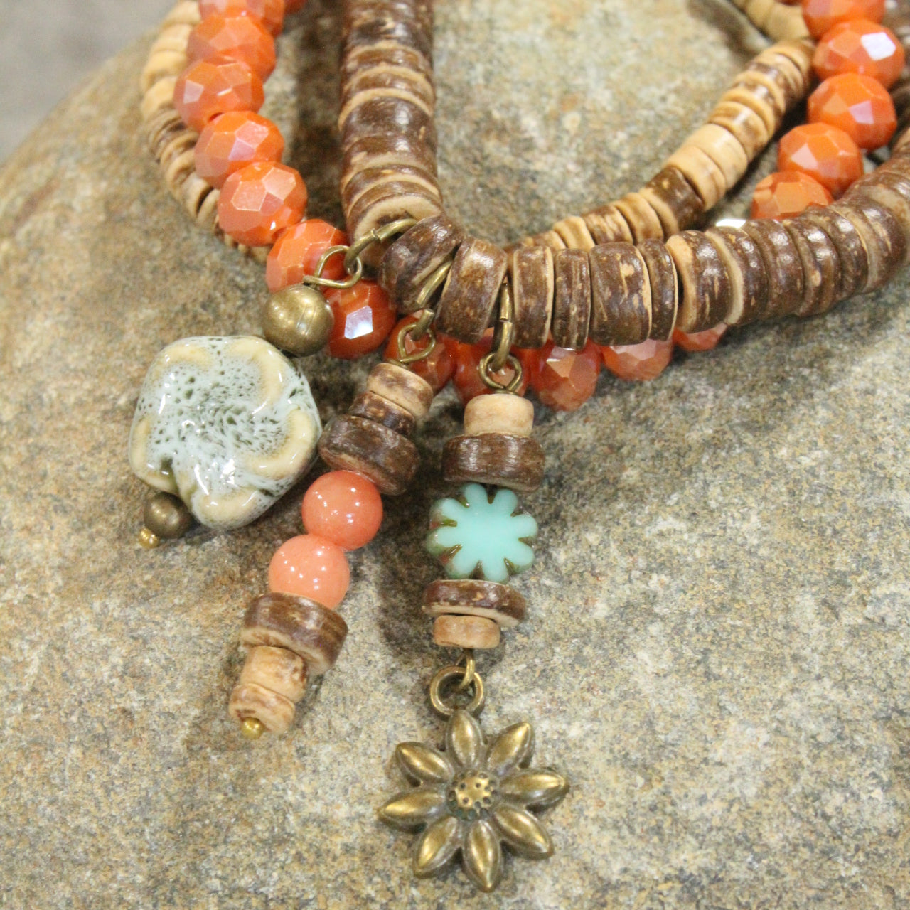 Flower & Stone Drop Layered Bead & Czech Stretch Bracelets