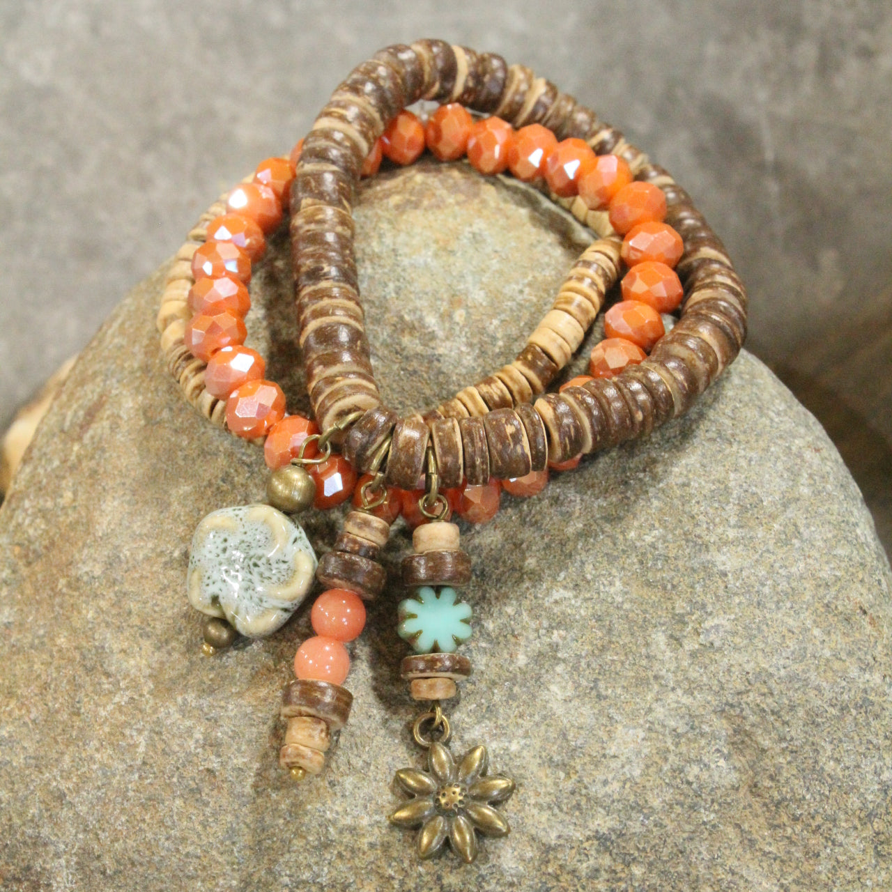 Flower & Stone Drop Layered Bead & Czech Stretch Bracelets