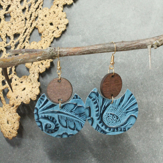 Genuine Leather Tooled/Wooden Dangle Earrings