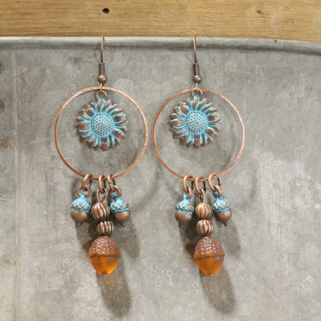Copper Czech Acorn & Sunflower Dangle Drop Earrings