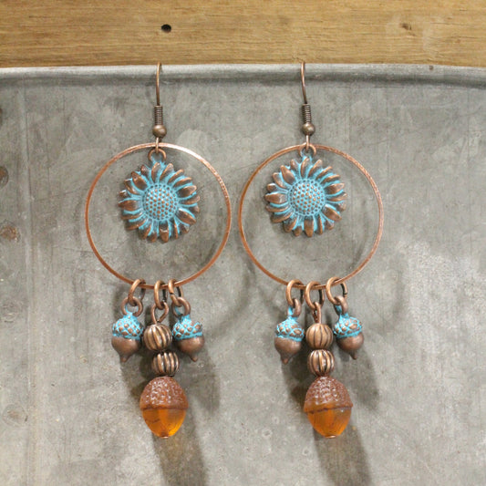 Copper Czech Acorn & Sunflower Dangle Drop Earrings