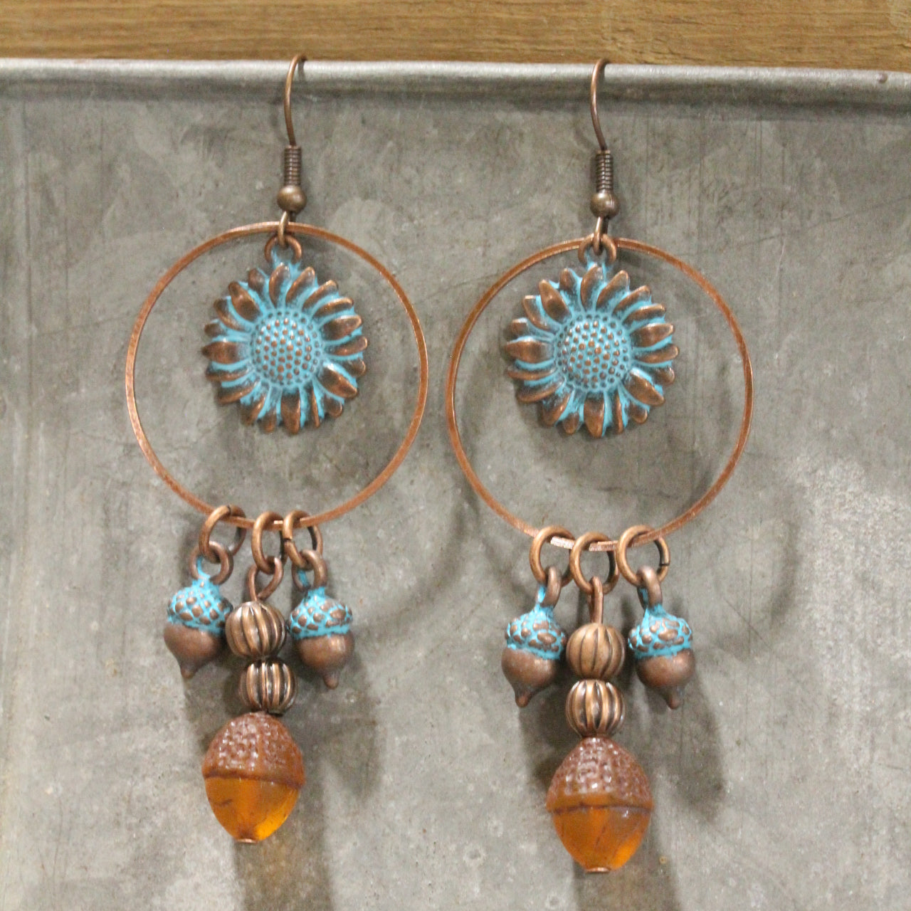 Copper Czech Acorn & Sunflower Dangle Drop Earrings