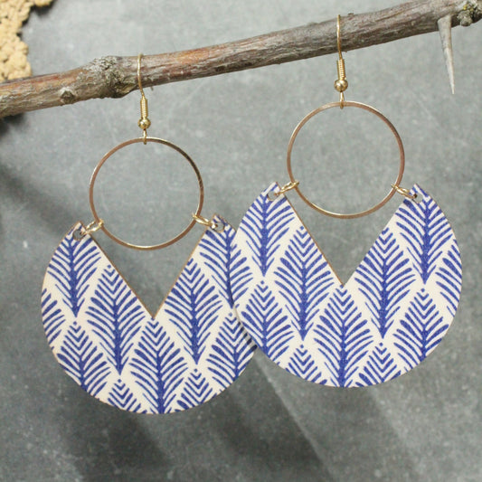 Geometric Blue Pattern Wooden Dangle Earrings
