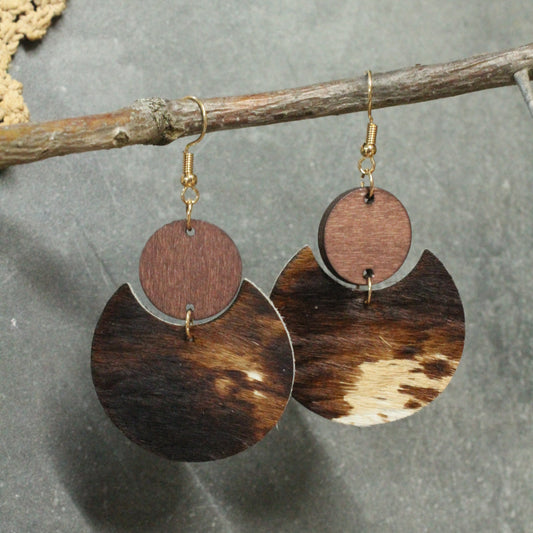Genuine Leather & Wood Cutout Dangle Earrings
