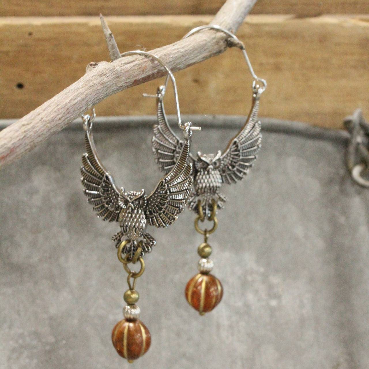 Wings Spread Antique Silver Owl & Pumpkin Dangle Drop Earrings