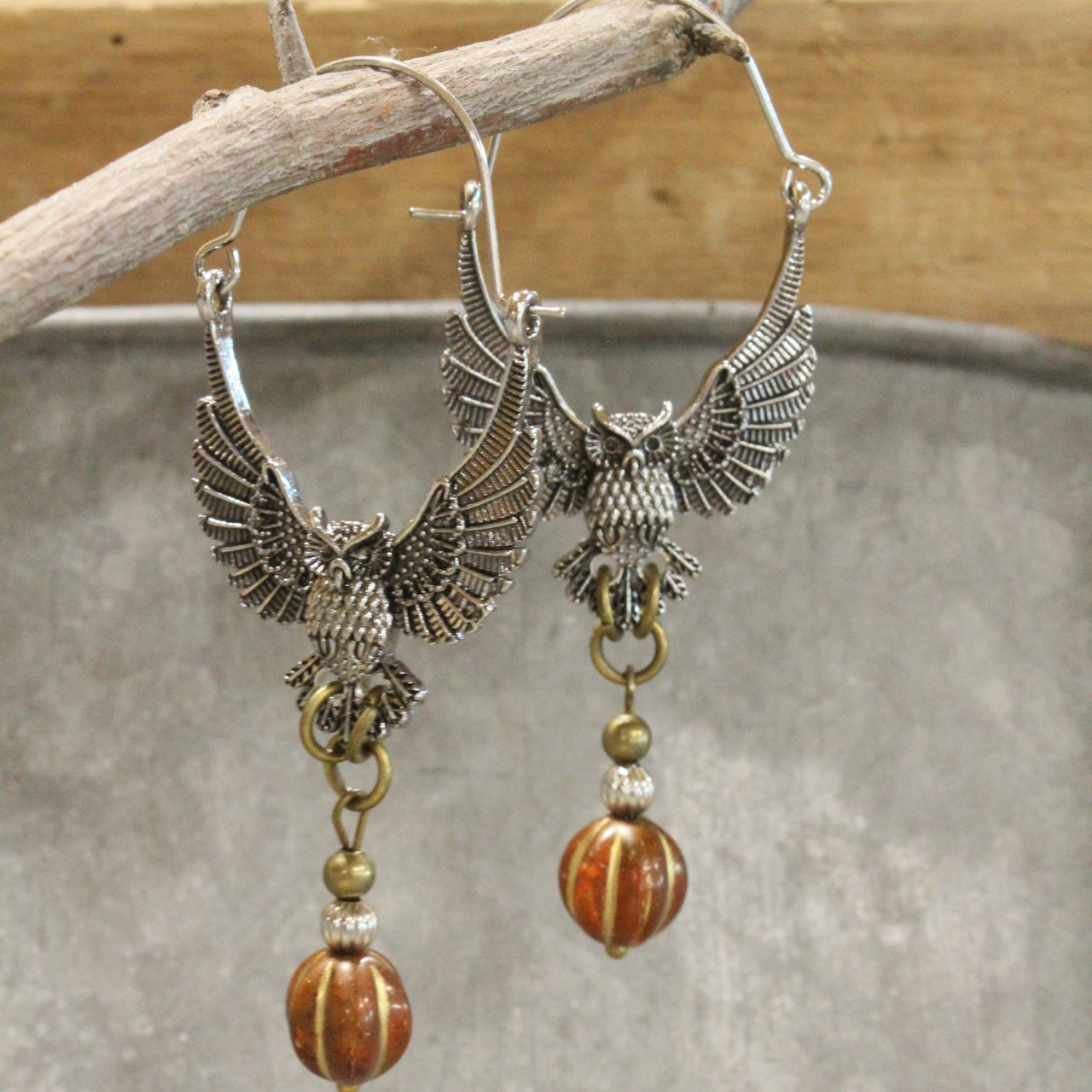 Wings Spread Antique Silver Owl & Pumpkin Dangle Drop Earrings