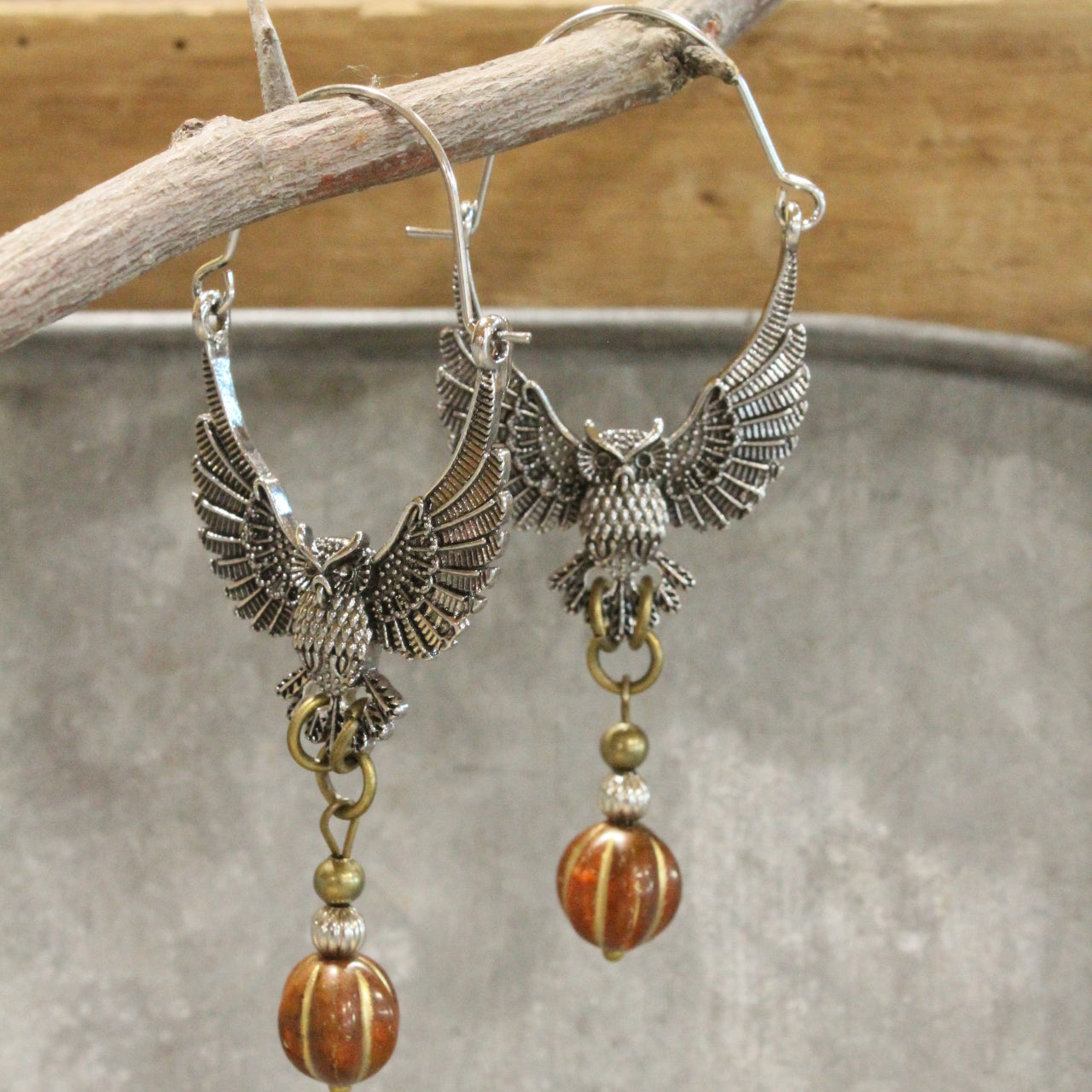 Wings Spread Antique Silver Owl & Pumpkin Dangle Drop Earrings