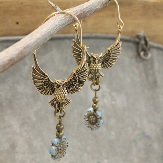 Wings Spread Golden Owl & Flower Dangle Drop Earrings