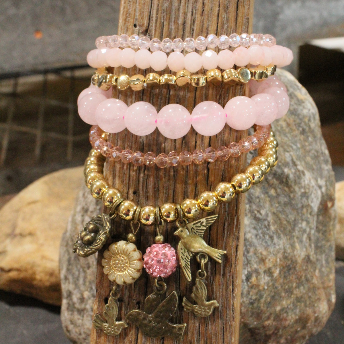 Power In The Flower Blushing Humming Bird Bracelet Set
