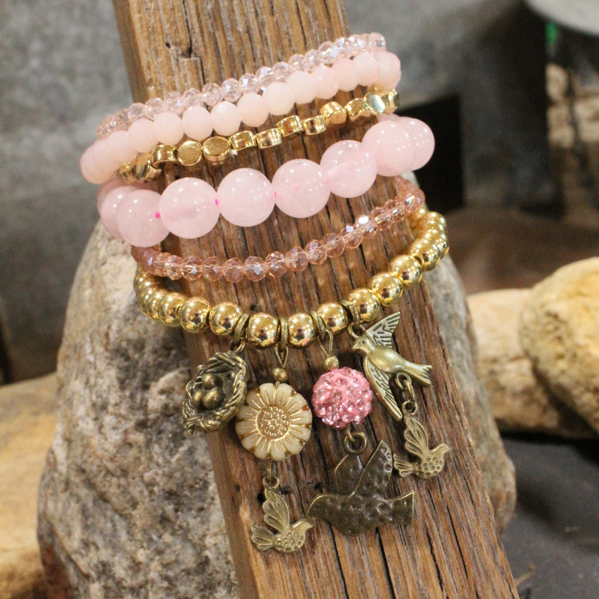 Power In The Flower Blushing Humming Bird Bracelet Set