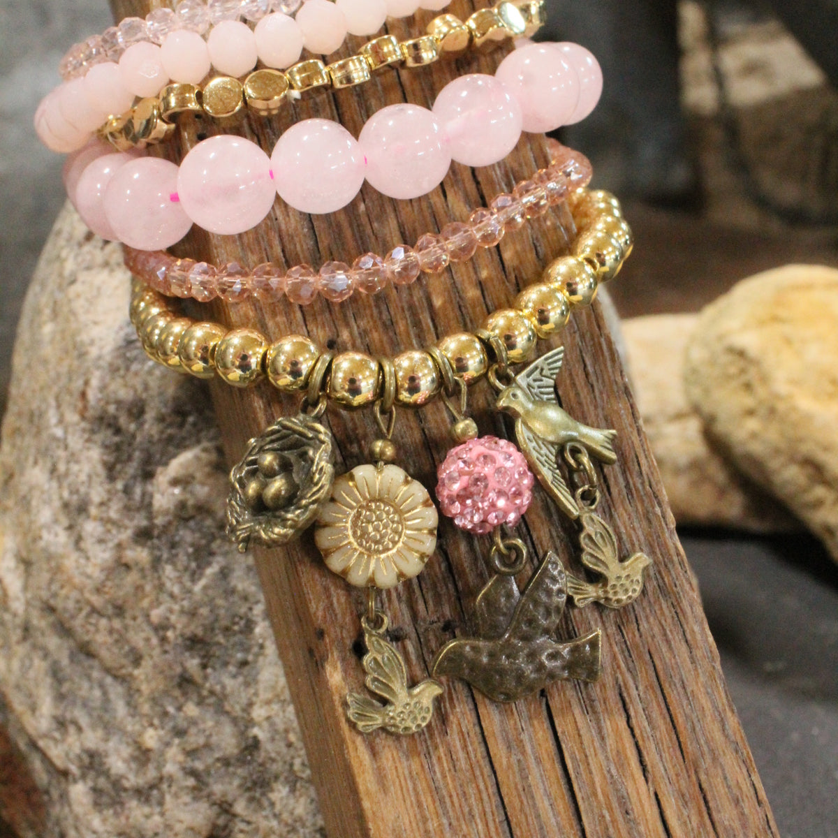 Power In The Flower Blushing Humming Bird Bracelet Set
