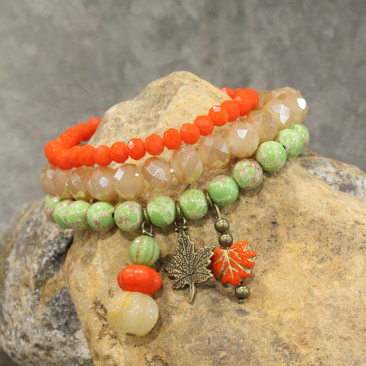 Stackable Pumpkin & Leaf Stone Bracelet Set