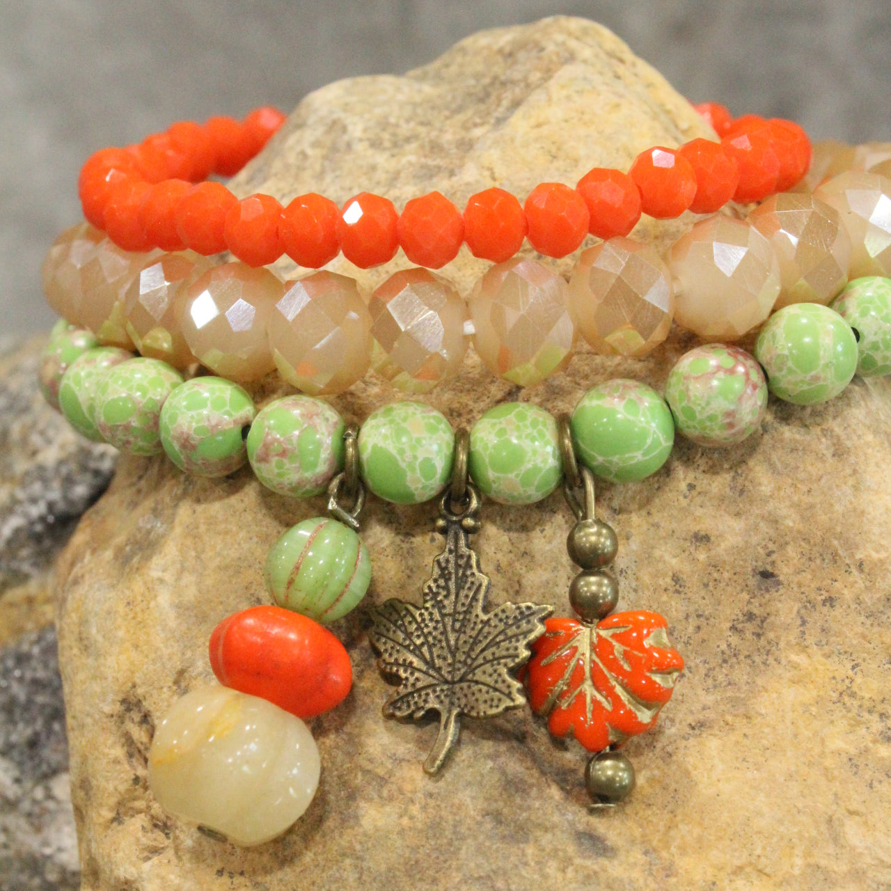 Stackable Pumpkin & Leaf Stone Bracelet Set