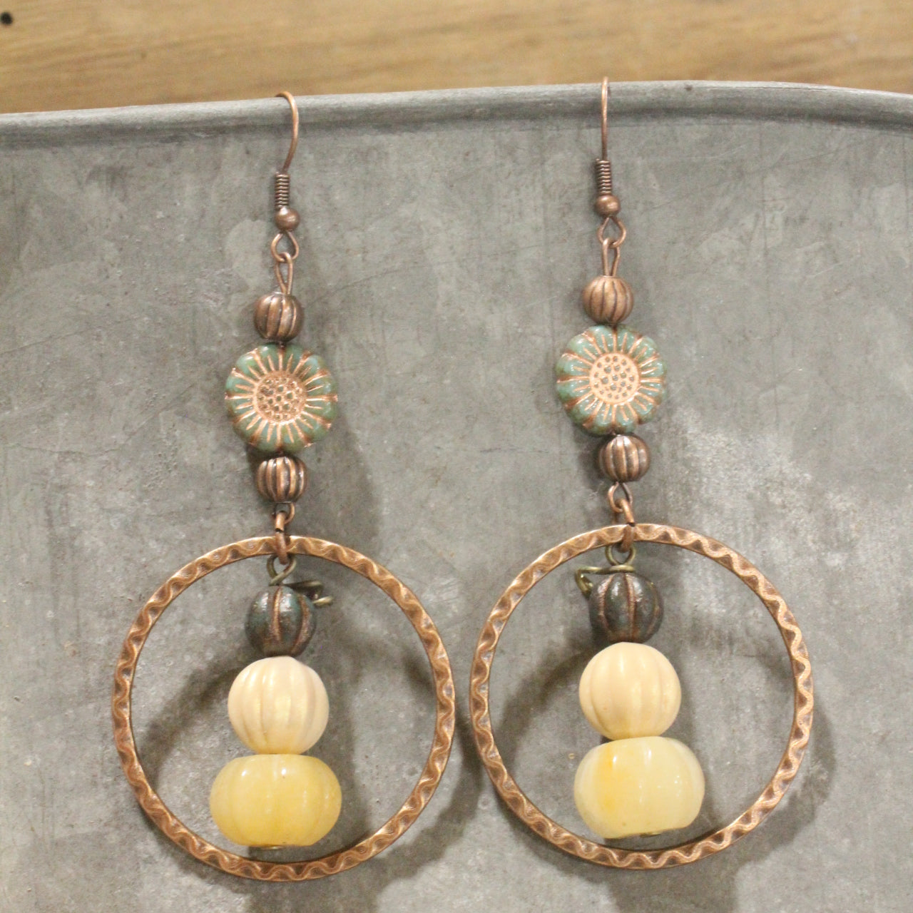Stackable Pumpkin & Sunflower Copper Drop Earrings