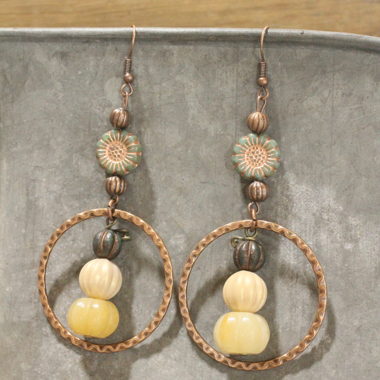 Stackable Pumpkin & Sunflower Copper Drop Earrings