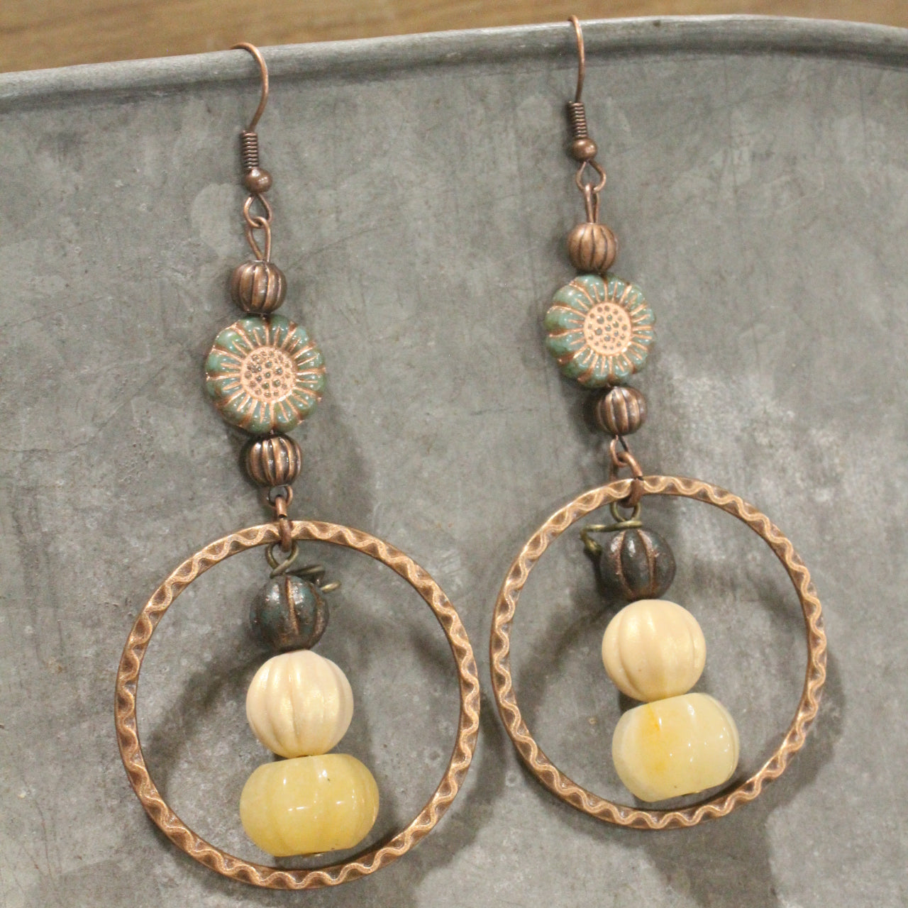Stackable Pumpkin & Sunflower Copper Drop Earrings
