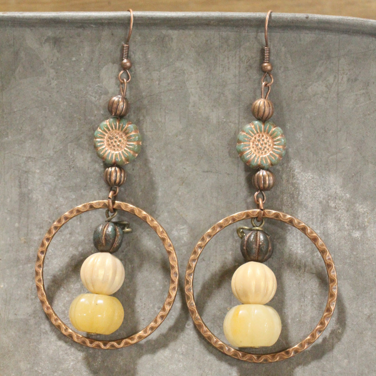 Stackable Pumpkin & Sunflower Copper Drop Earrings