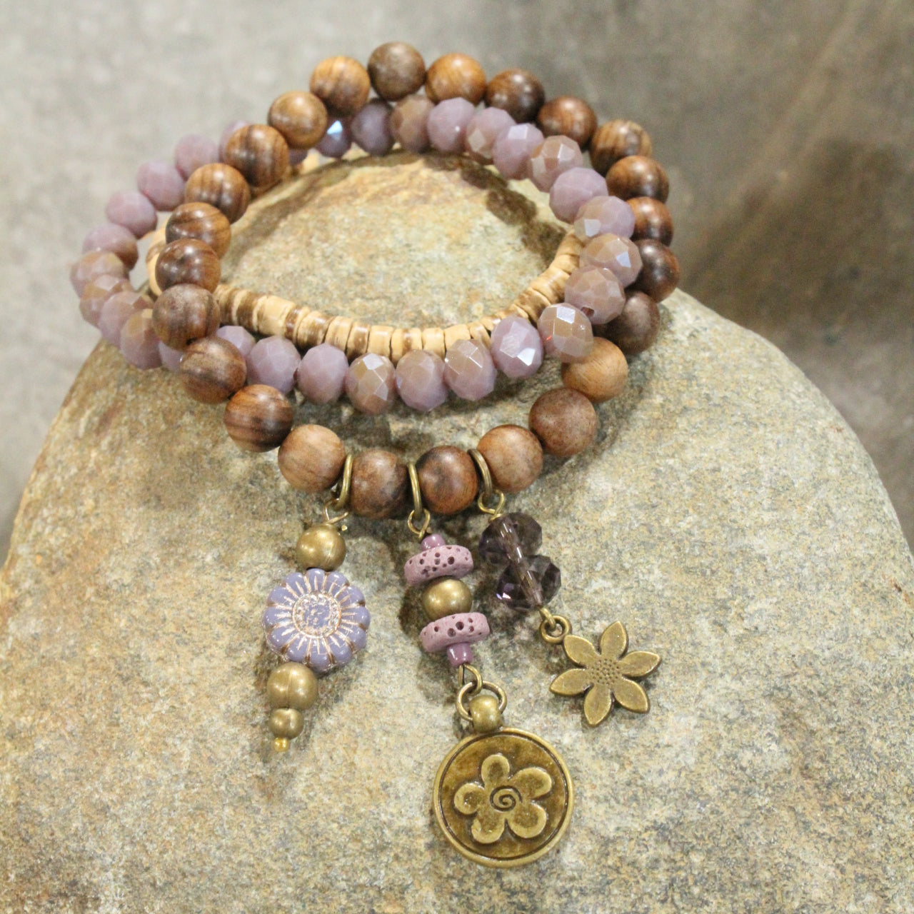 Czech Flower & Bead Drop Stretch Bracelet Set