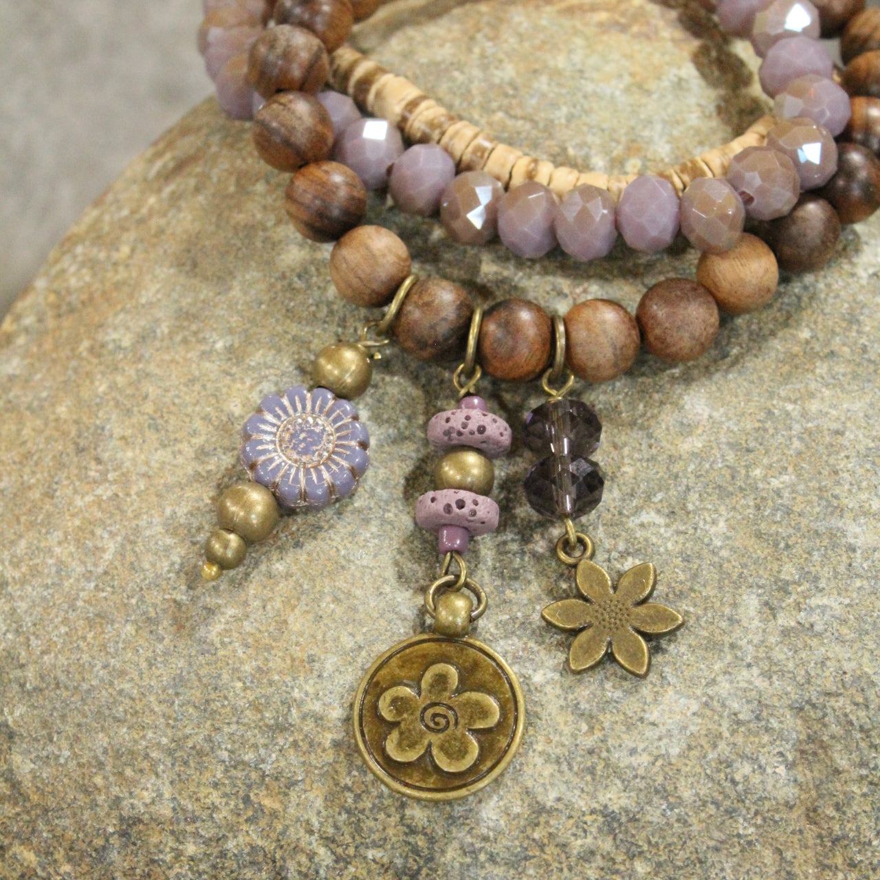 Czech Flower & Bead Drop Stretch Bracelet Set