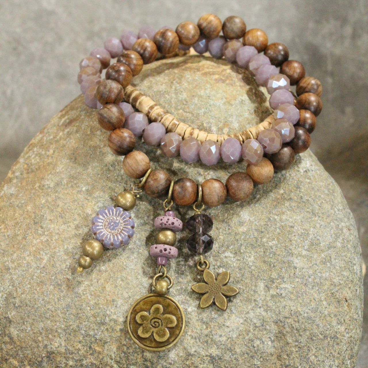 Czech Flower & Bead Drop Stretch Bracelet Set