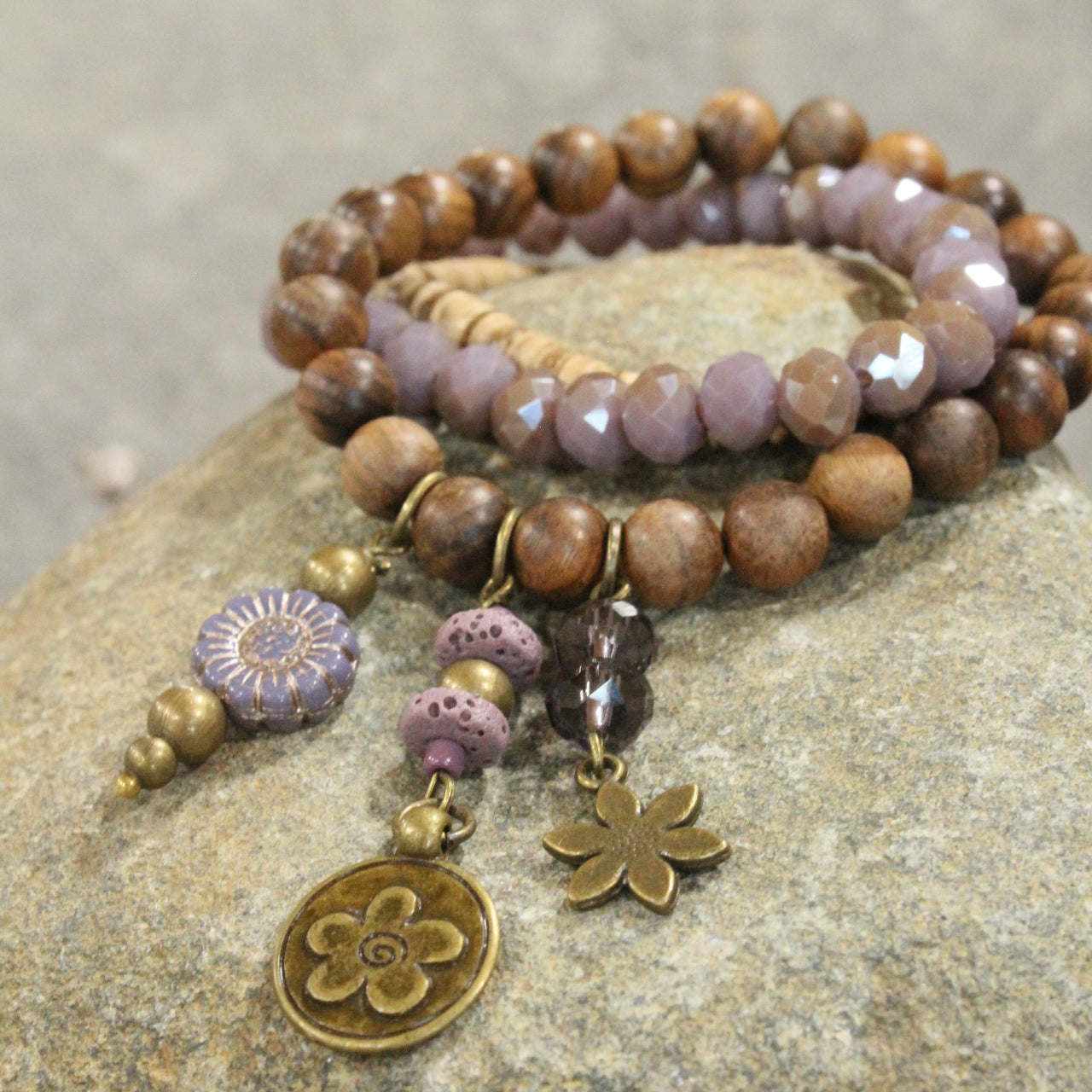 Czech Flower & Bead Drop Stretch Bracelet Set