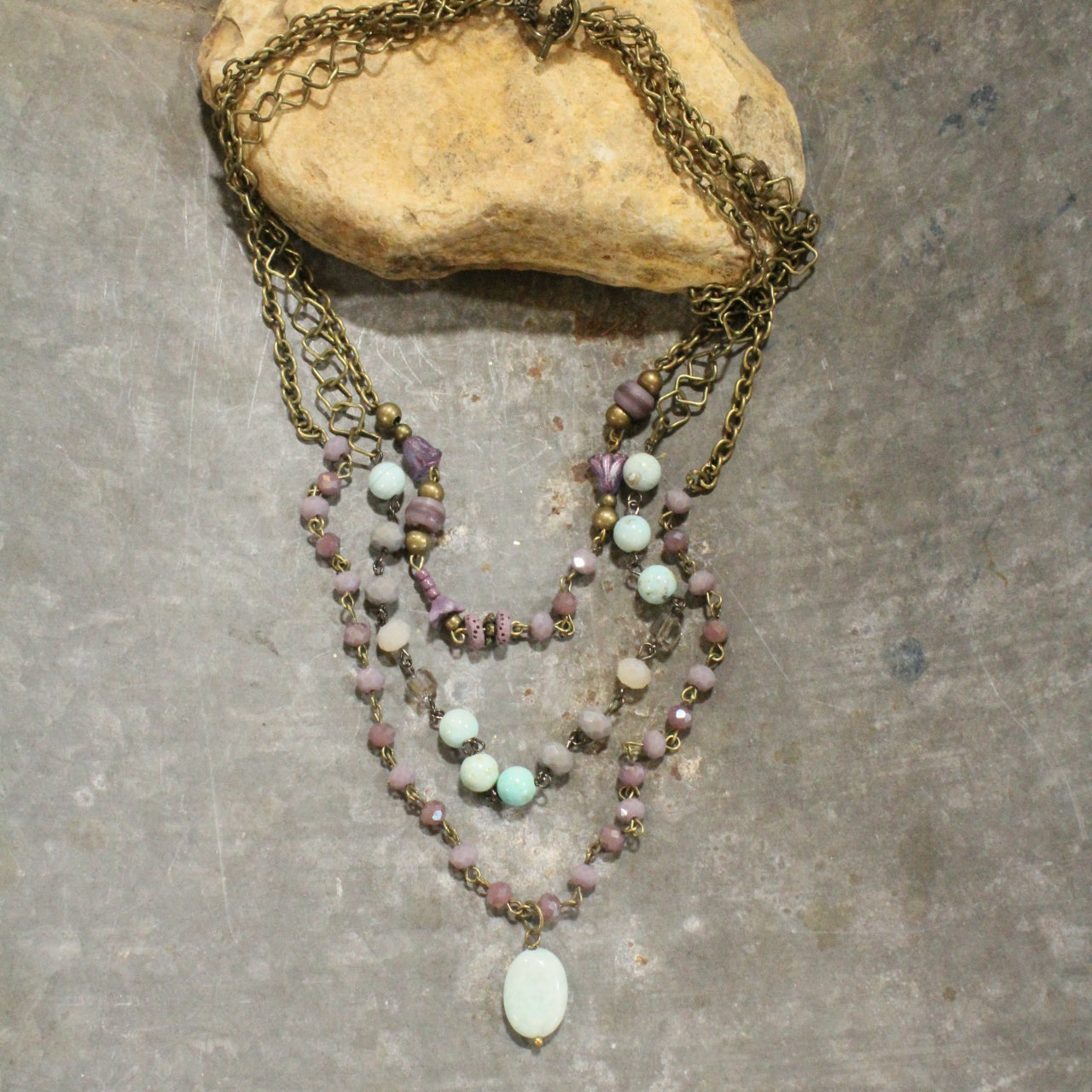 Czech Flower & Stone Drop Layered Springtime Necklace