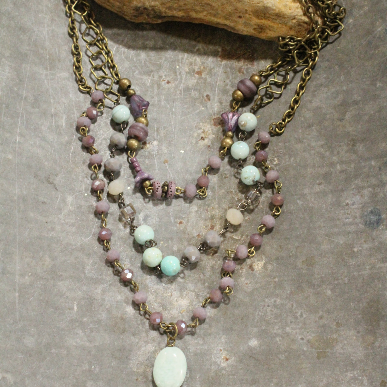 Czech Flower & Stone Drop Layered Springtime Necklace