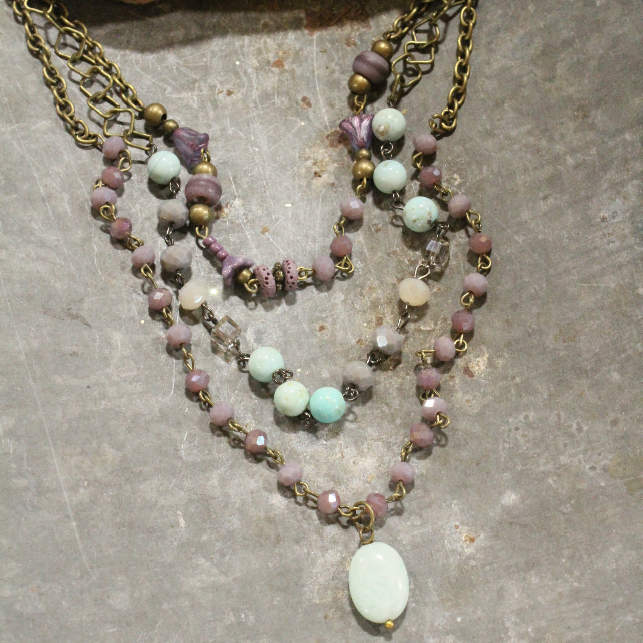 Czech Flower & Stone Drop Layered Springtime Necklace