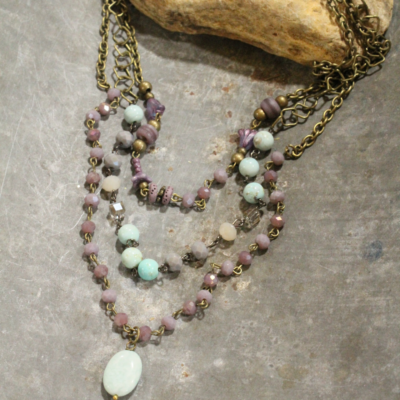 Czech Flower & Stone Drop Layered Springtime Necklace