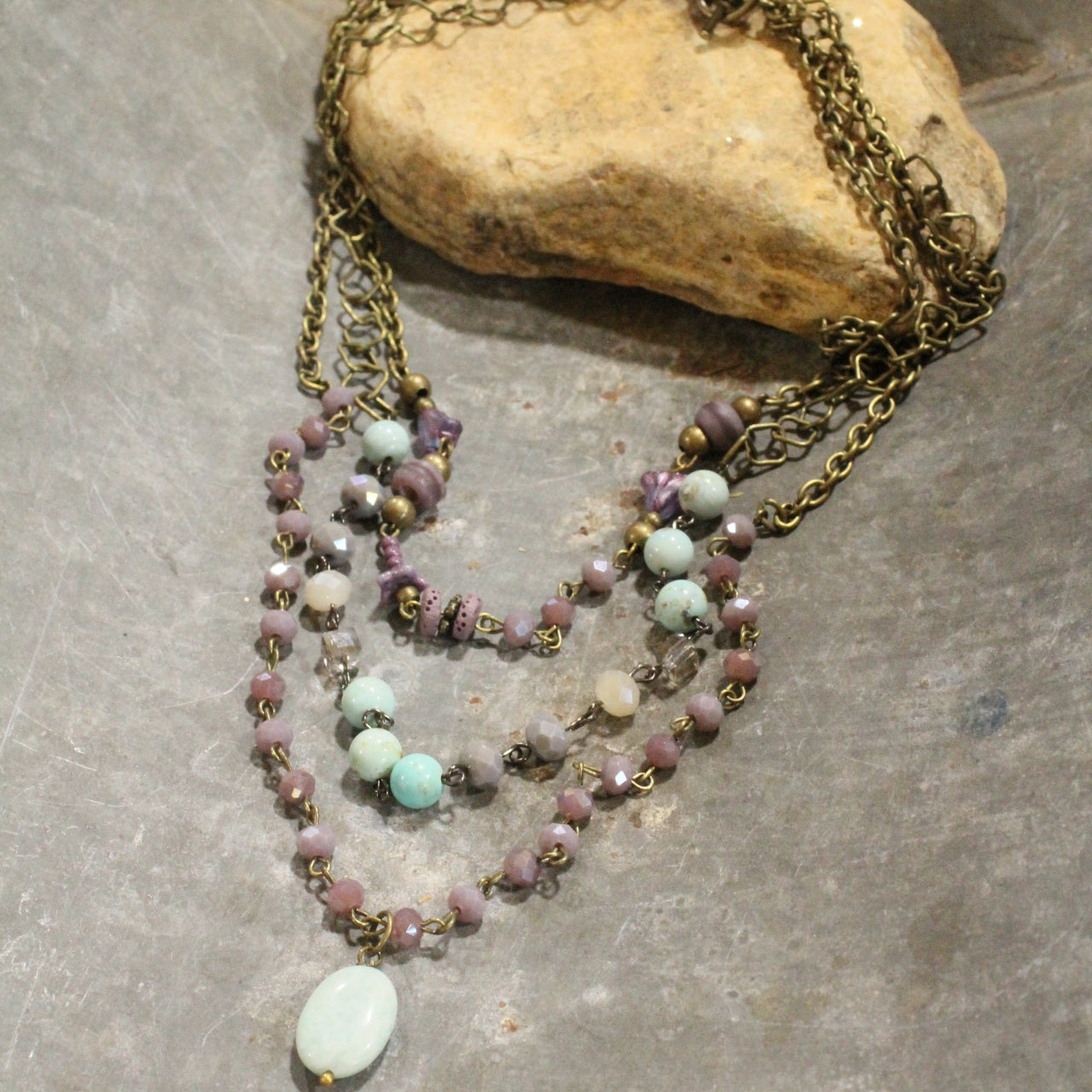 Czech Flower & Stone Drop Layered Springtime Necklace