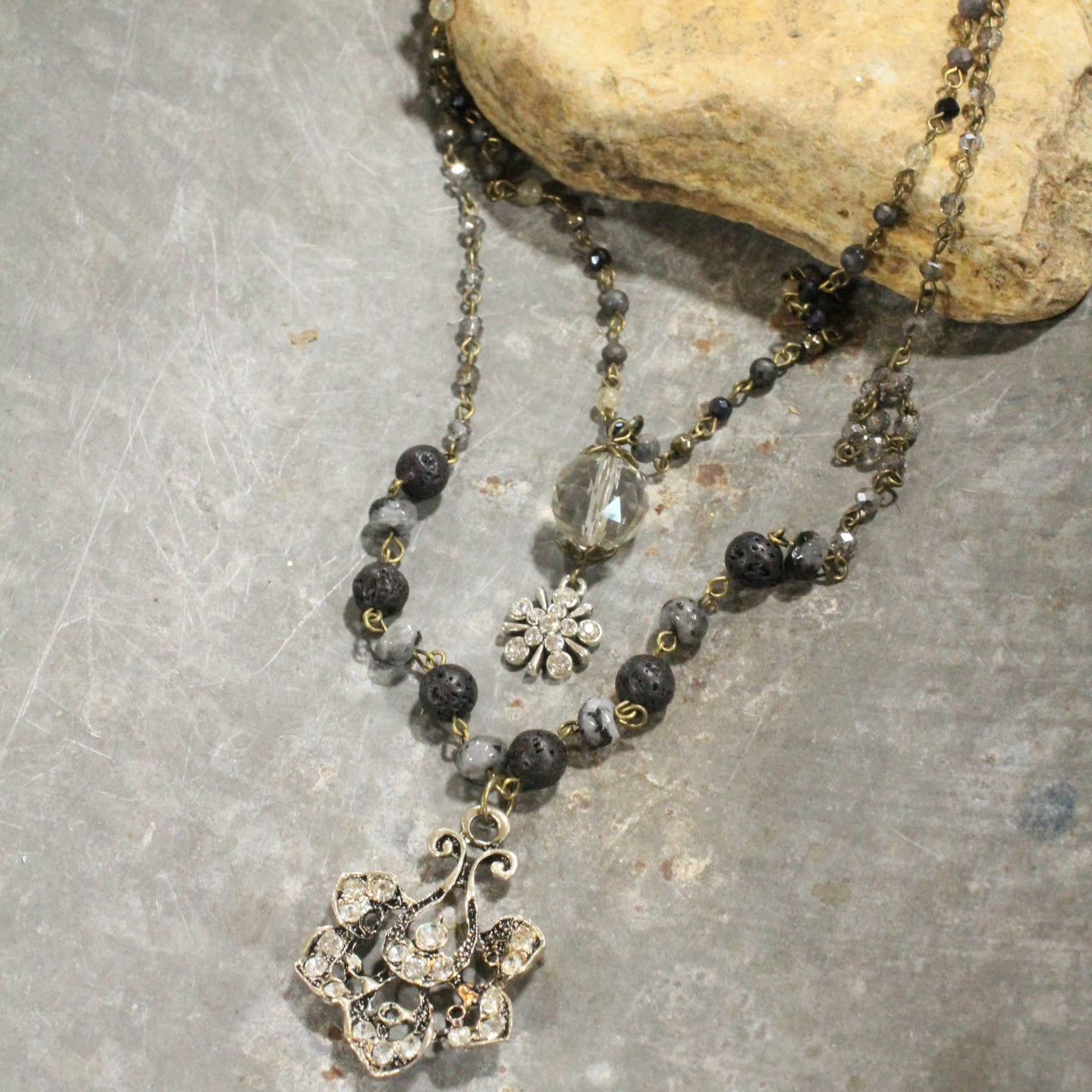 Classy & Sassy Pendant Drop Black Stone Layered Necklace