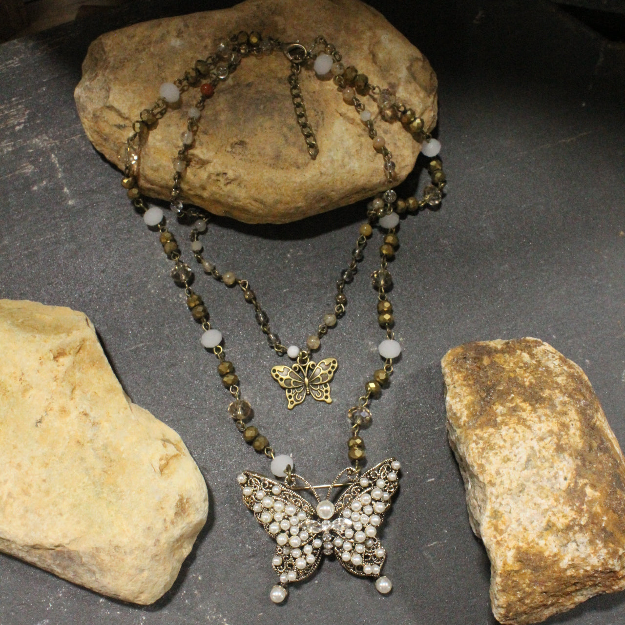 Just Golden Pearl Butterfly Layered Necklace