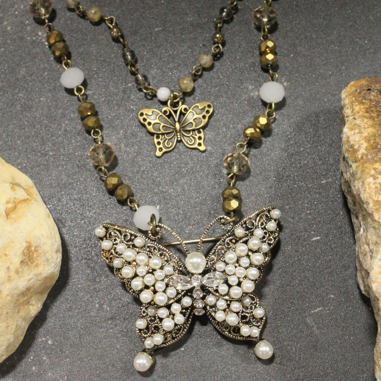 Just Golden Pearl Butterfly Layered Necklace